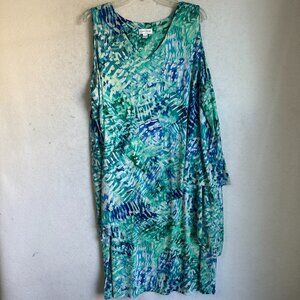 Susan Graver Dress Size 2X Pullover Layered Tiered Blue green Sleeveless v neck